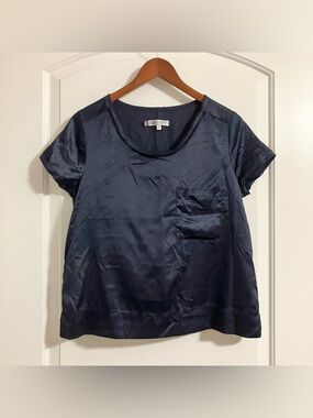 Jennifer Lopez versatile navy blue satin short-sleeve blouse top shirt size M